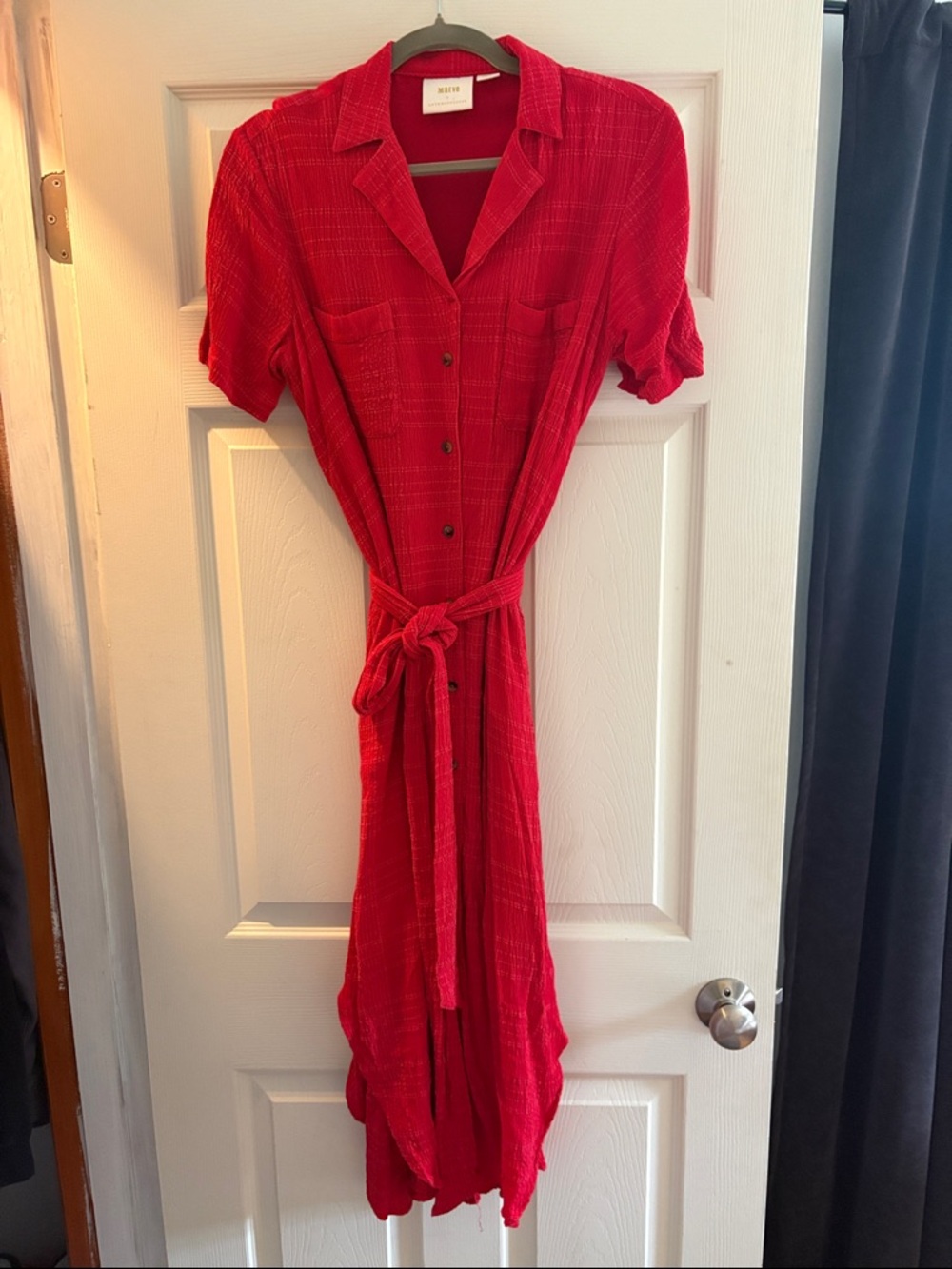 Maeve Red Button-Front Midi Shirt Dress with Tie Waist